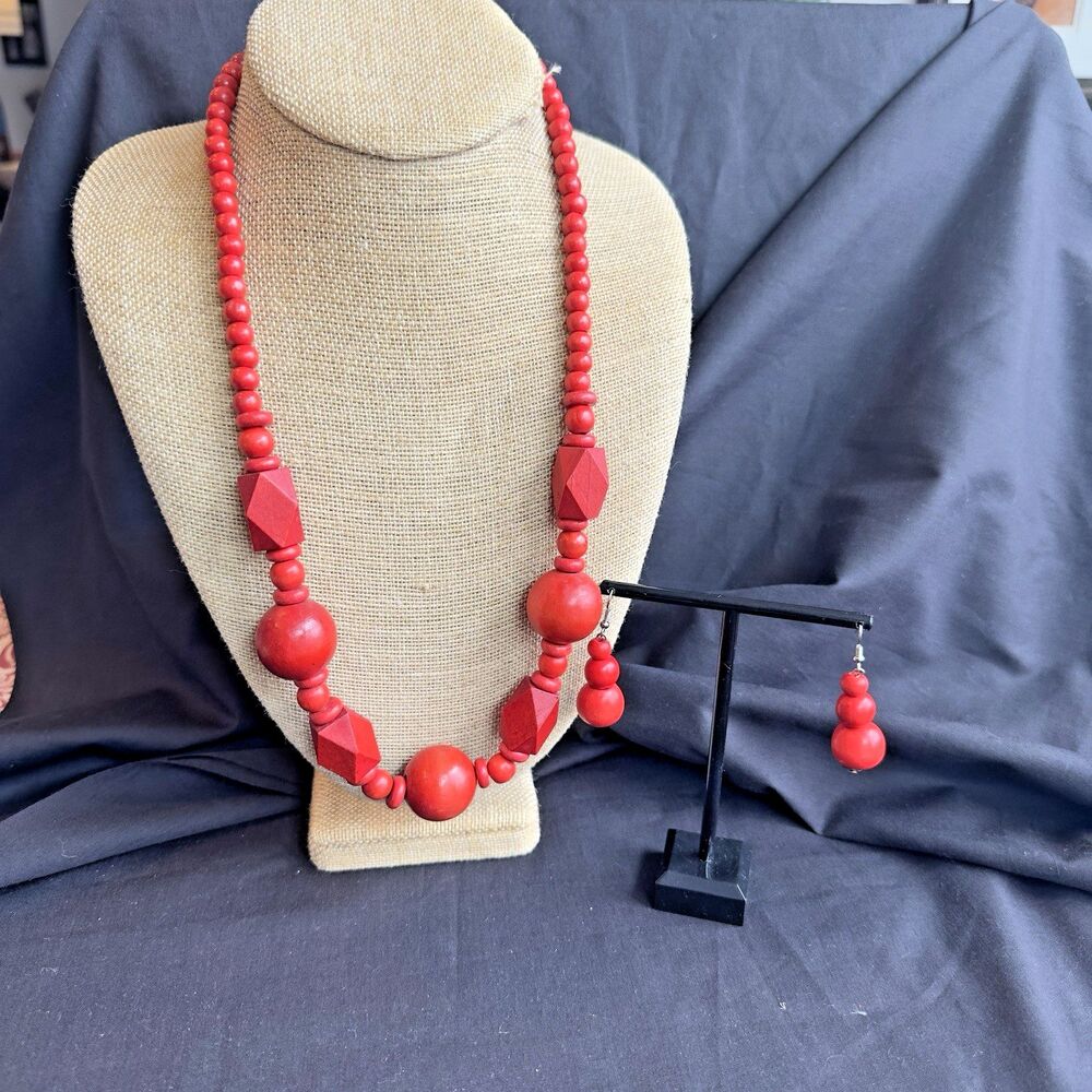Necklace w Matching Earrings Fashion Set Statement Chunky Red Light Wooden Bead